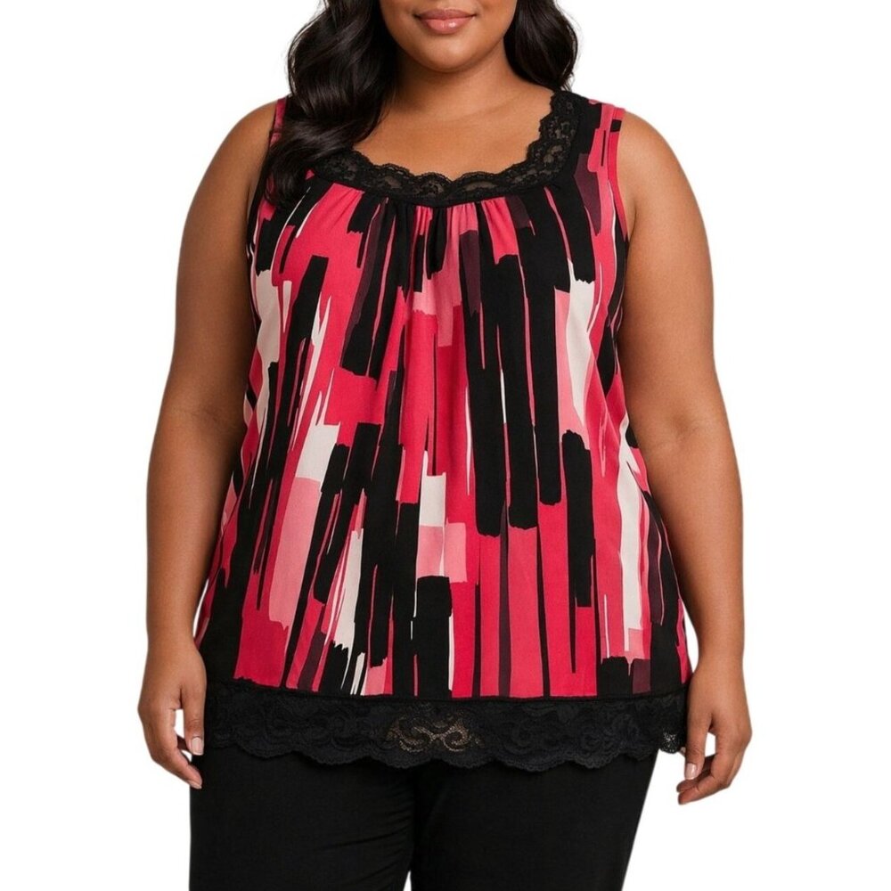 New Directions Plus Size 2X Top Pink Black Abstract Sleeveless Lace Trim